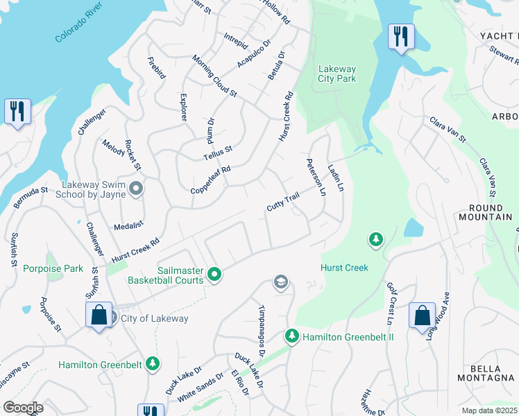 map of restaurants, bars, coffee shops, grocery stores, and more near 517 Cutty Trail in Lakeway
