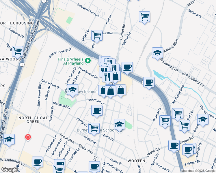 map of restaurants, bars, coffee shops, grocery stores, and more near 8800 Burnet Road in Austin