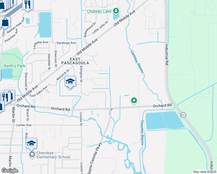 map of restaurants, bars, coffee shops, grocery stores, and more near 5224 Pentagon Drive in Pascagoula