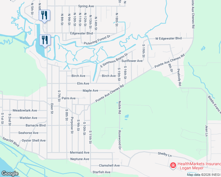 map of restaurants, bars, coffee shops, grocery stores, and more near 8500 Maple Avenue in Ocean Springs