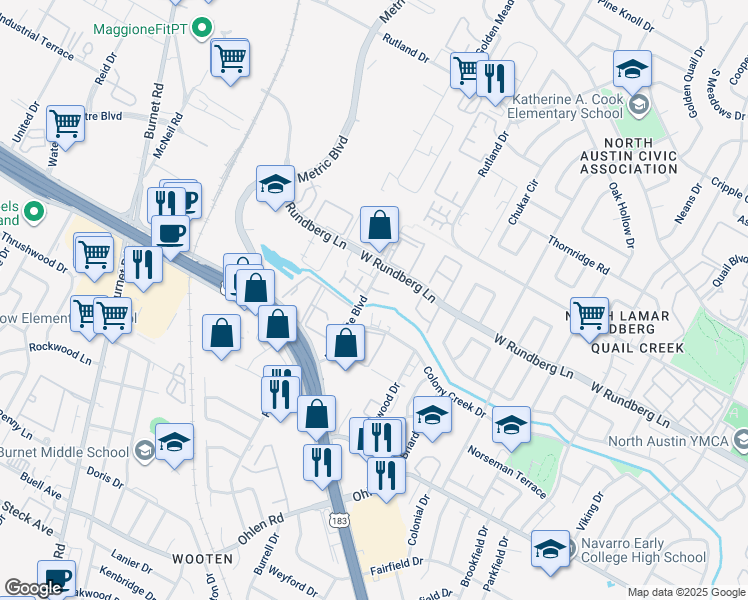map of restaurants, bars, coffee shops, grocery stores, and more near 9117 Northgate Boulevard in Austin
