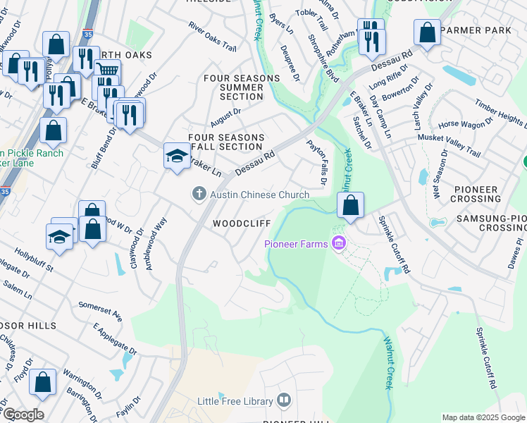 map of restaurants, bars, coffee shops, grocery stores, and more near 11212 Hidden Bluff Drive in Austin