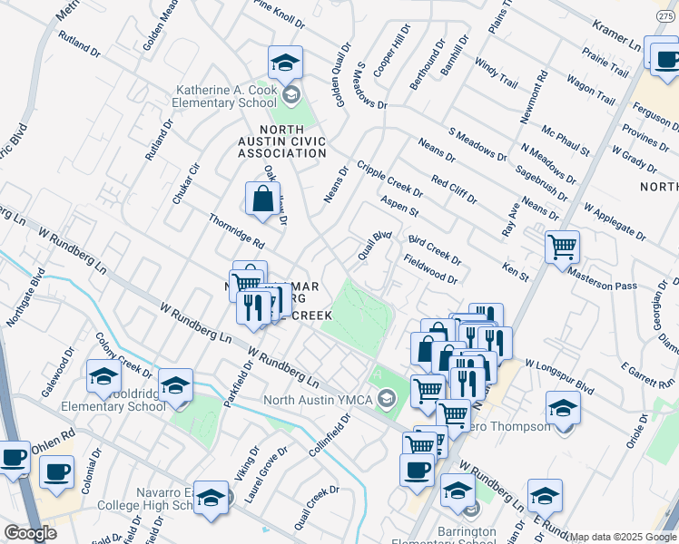 map of restaurants, bars, coffee shops, grocery stores, and more near 109 Mearns Meadow Boulevard in Austin