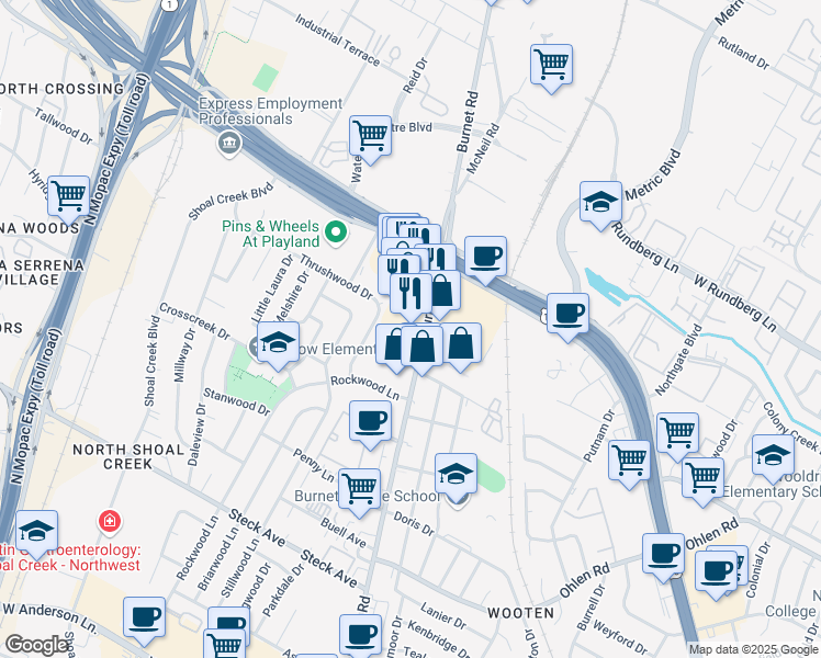 map of restaurants, bars, coffee shops, grocery stores, and more near 8800 Burnet Road in Austin