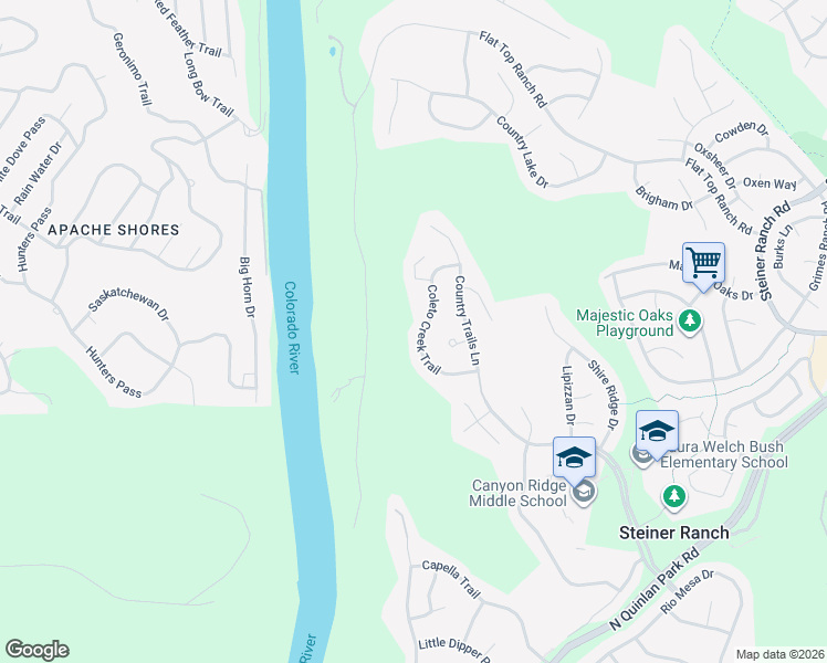 map of restaurants, bars, coffee shops, grocery stores, and more near 13405 Coleto Creek Trail in Austin