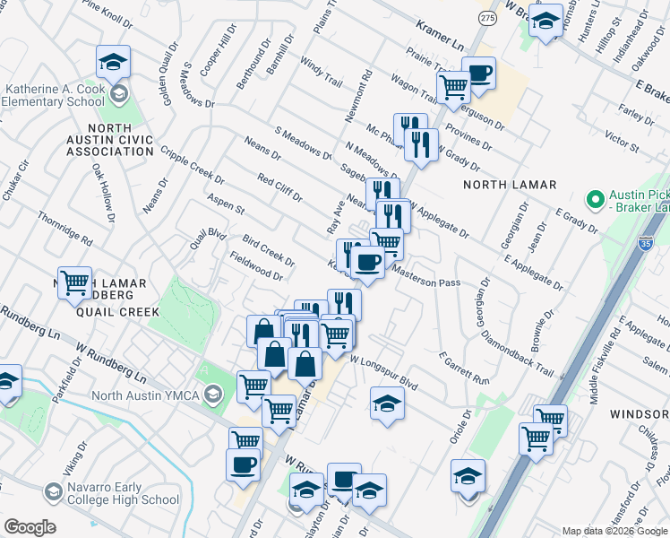 map of restaurants, bars, coffee shops, grocery stores, and more near 10100 North Lamar Boulevard in Austin