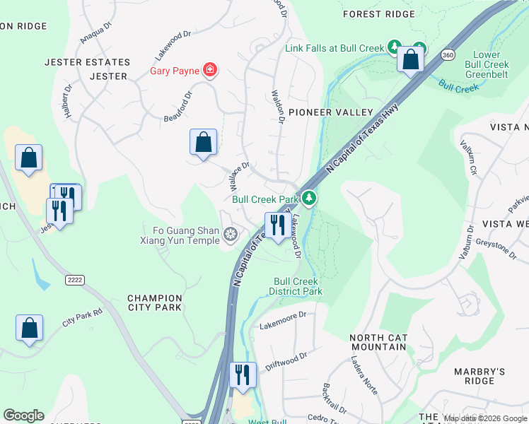 map of restaurants, bars, coffee shops, grocery stores, and more near 6005 Gardenridge Hollow in Austin