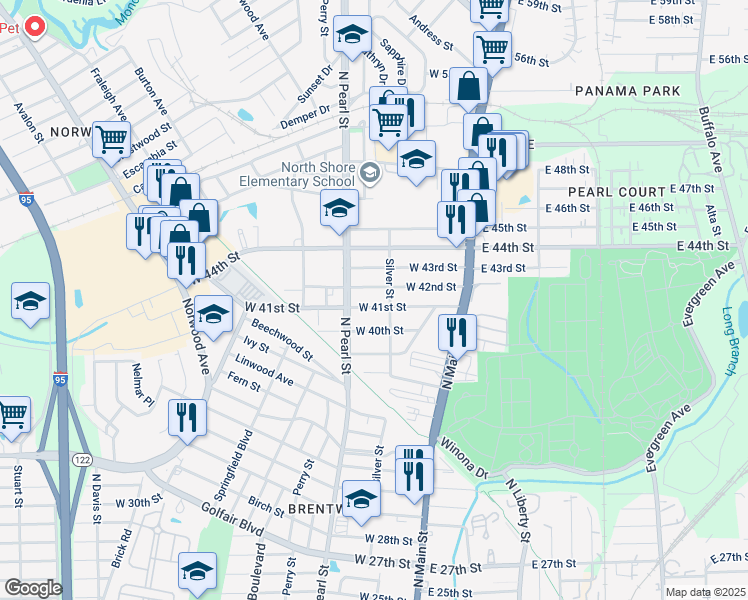 map of restaurants, bars, coffee shops, grocery stores, and more near 225 West 41st Street in Jacksonville