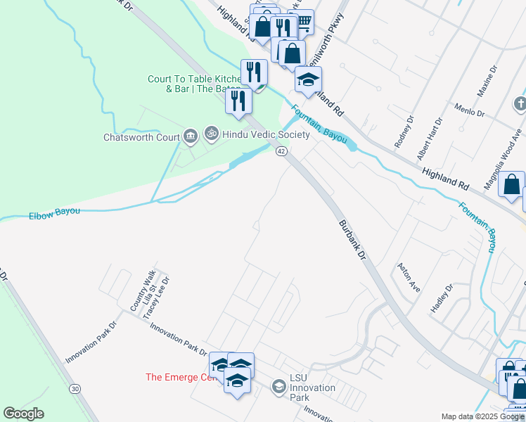 map of restaurants, bars, coffee shops, grocery stores, and more near 787 Sehdeva Memorial Drive in Baton Rouge