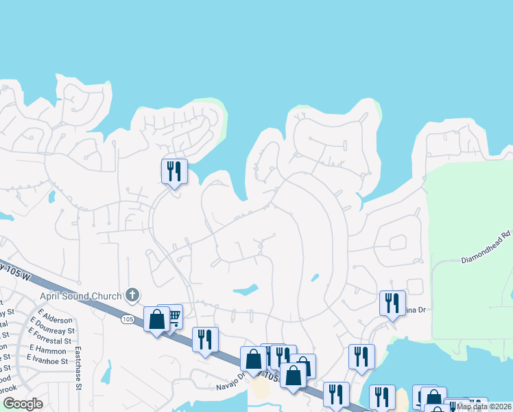 map of restaurants, bars, coffee shops, grocery stores, and more near 121 April Wind Drive North in Montgomery
