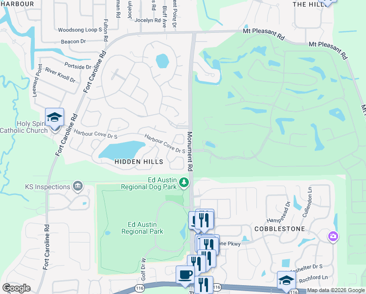 map of restaurants, bars, coffee shops, grocery stores, and more near 12220 Smoke Ridge Circle South in Jacksonville
