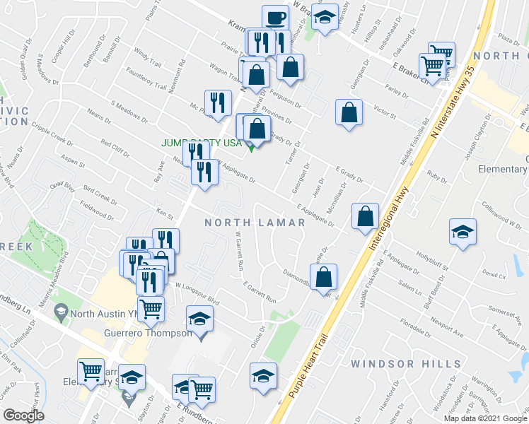 map of restaurants, bars, coffee shops, grocery stores, and more near 10436 Doc Holliday Trail in Austin