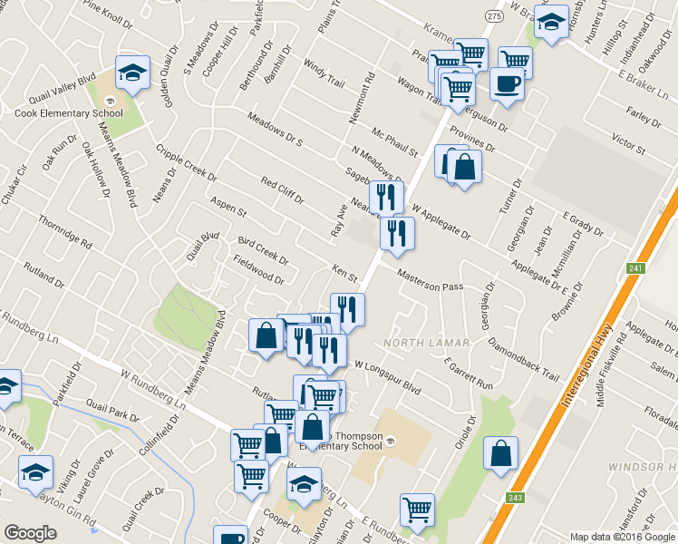 map of restaurants, bars, coffee shops, grocery stores, and more near 10100 North Lamar Boulevard in Austin
