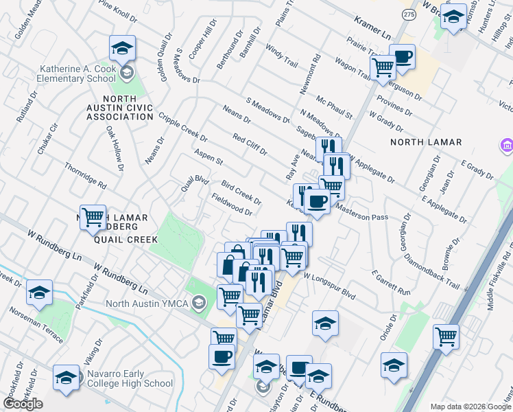 map of restaurants, bars, coffee shops, grocery stores, and more near 902 Fieldwood Drive in Austin