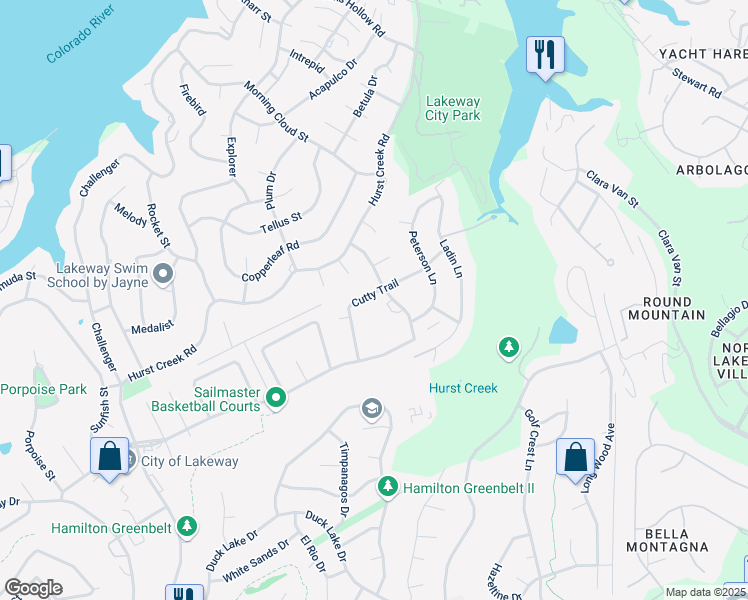 map of restaurants, bars, coffee shops, grocery stores, and more near 520 Cutty Trail in Lakeway