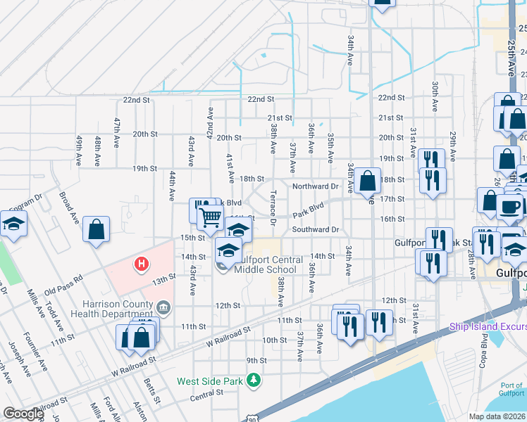map of restaurants, bars, coffee shops, grocery stores, and more near 1616 Terrace Drive in Gulfport