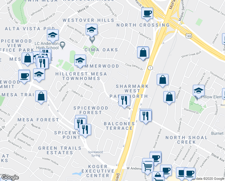 map of restaurants, bars, coffee shops, grocery stores, and more near 8219 Summer Side Drive in Austin