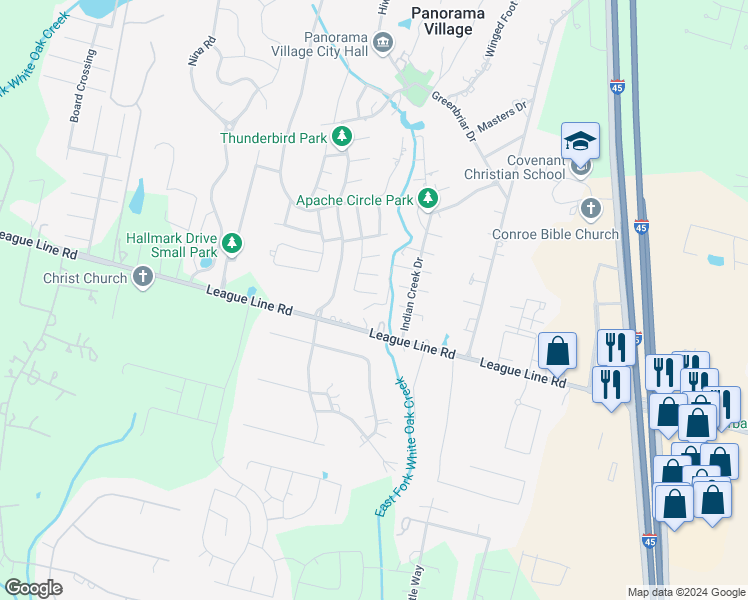 map of restaurants, bars, coffee shops, grocery stores, and more near 128 Paradise Valley Drive in Conroe