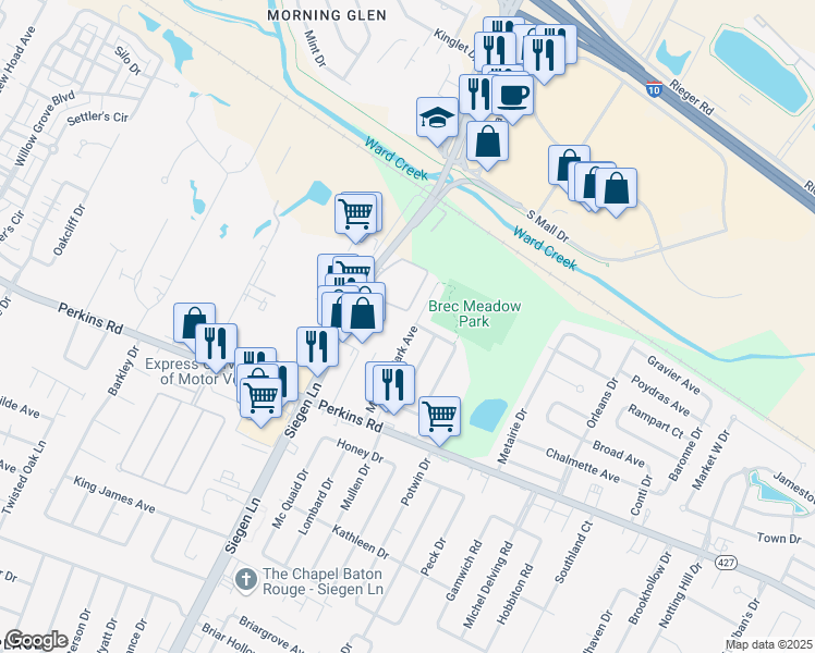 map of restaurants, bars, coffee shops, grocery stores, and more near 7206 Meadow Park Avennue in Baton Rouge