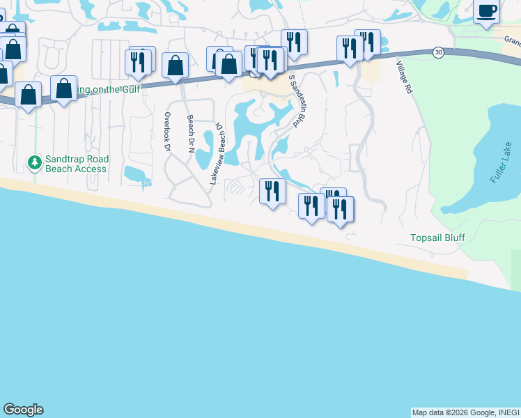 map of restaurants, bars, coffee shops, grocery stores, and more near 4454 Southwinds Drive in Destin