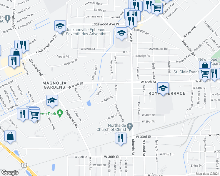 map of restaurants, bars, coffee shops, grocery stores, and more near 5333 Oaktrail Lane in Jacksonville