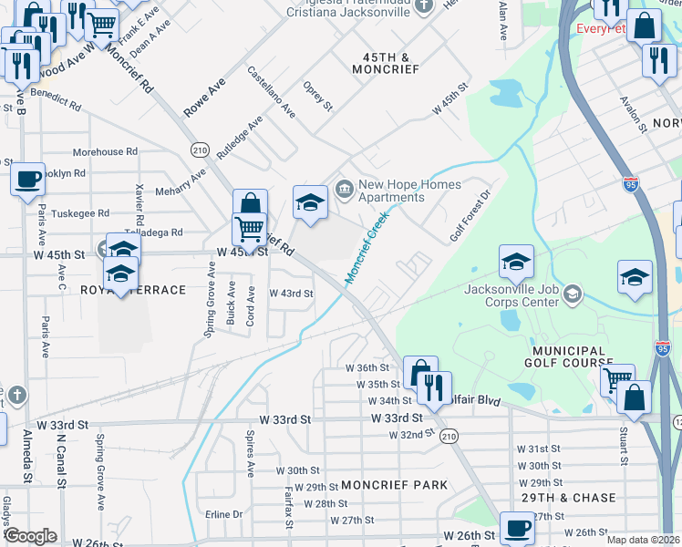 map of restaurants, bars, coffee shops, grocery stores, and more near 5377 Moncrief Road in Jacksonville