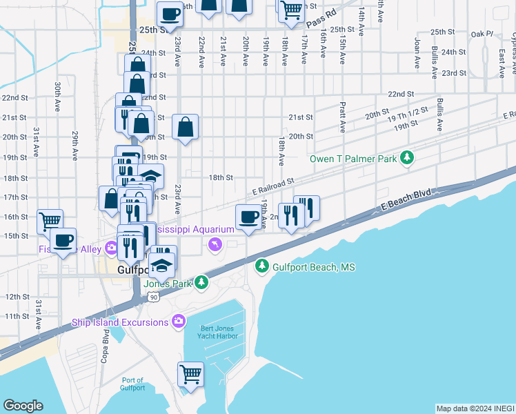 map of restaurants, bars, coffee shops, grocery stores, and more near 1601 19th Avenue in Gulfport