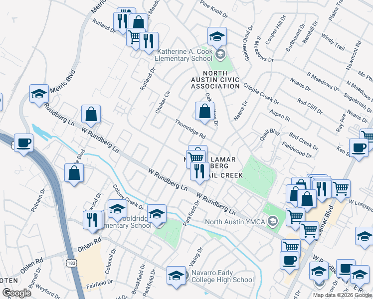 map of restaurants, bars, coffee shops, grocery stores, and more near 9502 Gambels Quail Drive in Austin