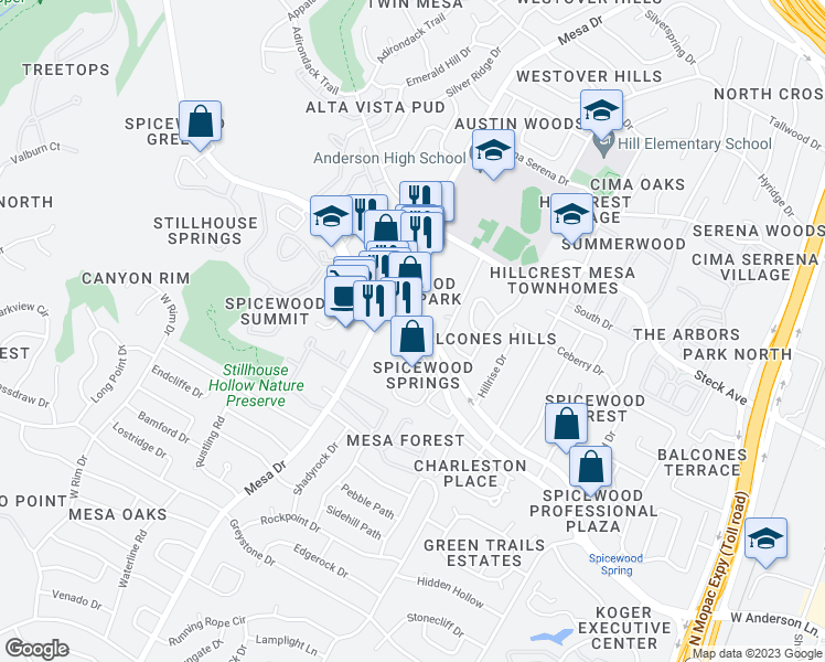map of restaurants, bars, coffee shops, grocery stores, and more near 4213 Spicewood Springs Road in Austin
