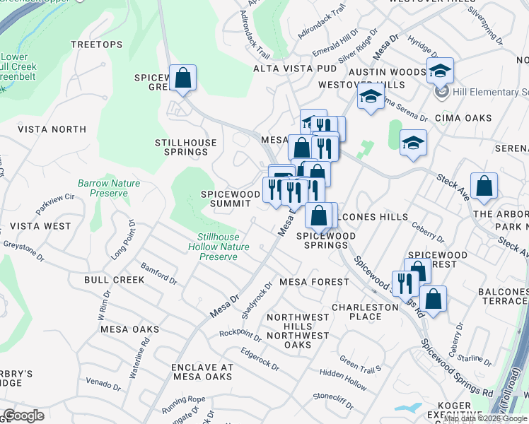 map of restaurants, bars, coffee shops, grocery stores, and more near 7923 Ridgeline North in Austin