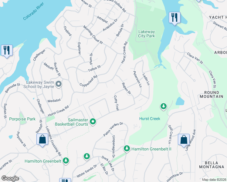 map of restaurants, bars, coffee shops, grocery stores, and more near 104 Flying Jib Court in Lakeway