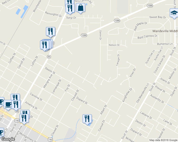 map of restaurants, bars, coffee shops, grocery stores, and more near 1798 Clausel Street in Mandeville