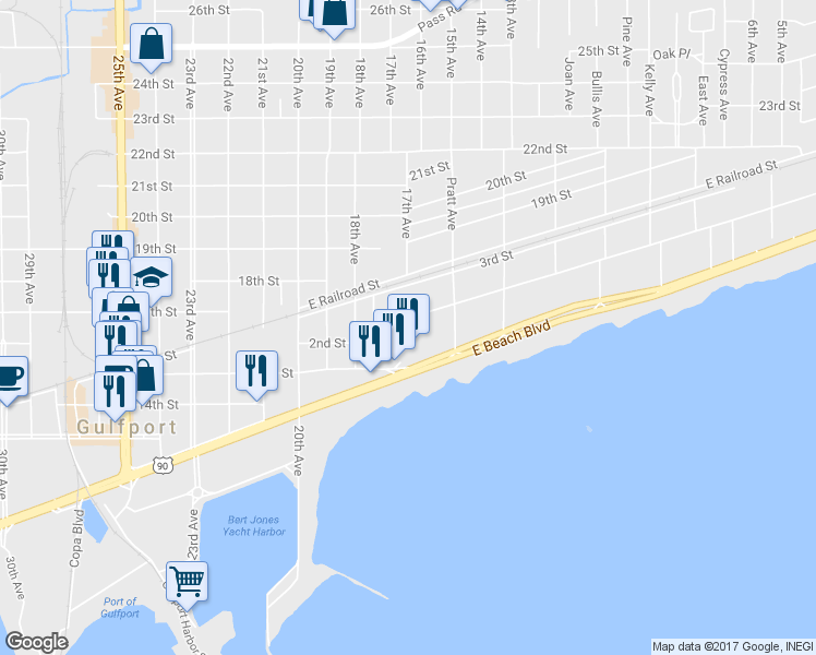 map of restaurants, bars, coffee shops, grocery stores, and more near 1635 2nd Street in Gulfport