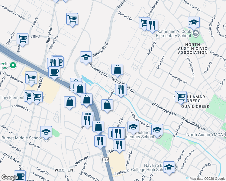 map of restaurants, bars, coffee shops, grocery stores, and more near Northgate Boulevard in Austin