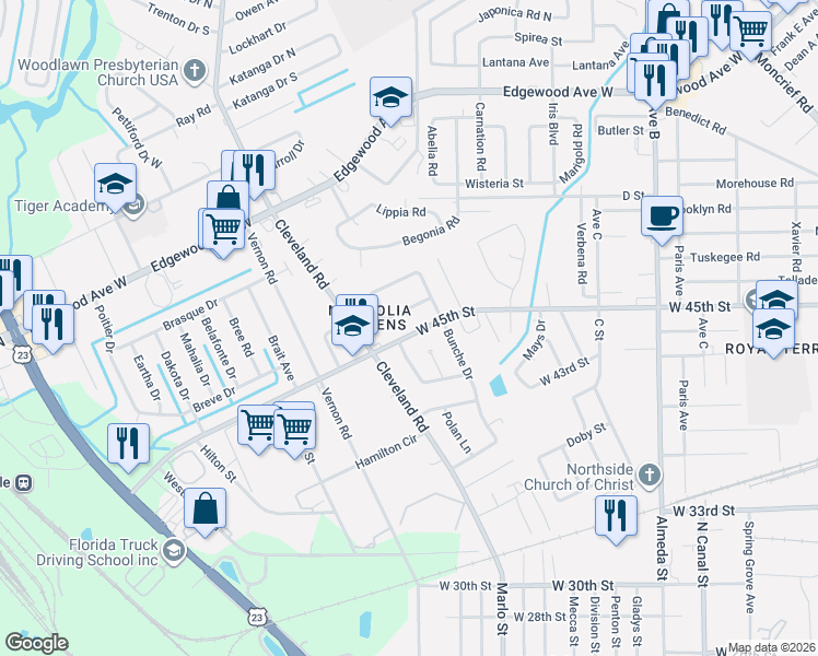 map of restaurants, bars, coffee shops, grocery stores, and more near 2739 West 45th Street in Jacksonville
