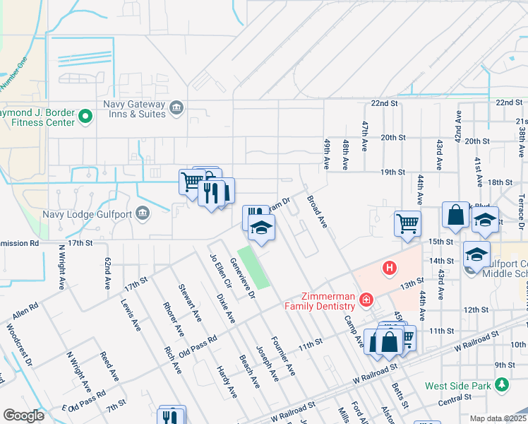 map of restaurants, bars, coffee shops, grocery stores, and more near 4560 Engram Drive in Gulfport