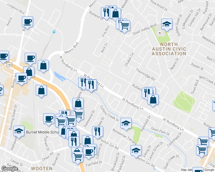 map of restaurants, bars, coffee shops, grocery stores, and more near 9304 Singing Quail Drive in Austin