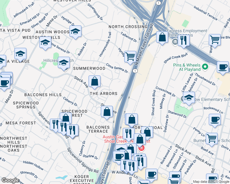 map of restaurants, bars, coffee shops, grocery stores, and more near 8300 North Mopac Expressway in Austin