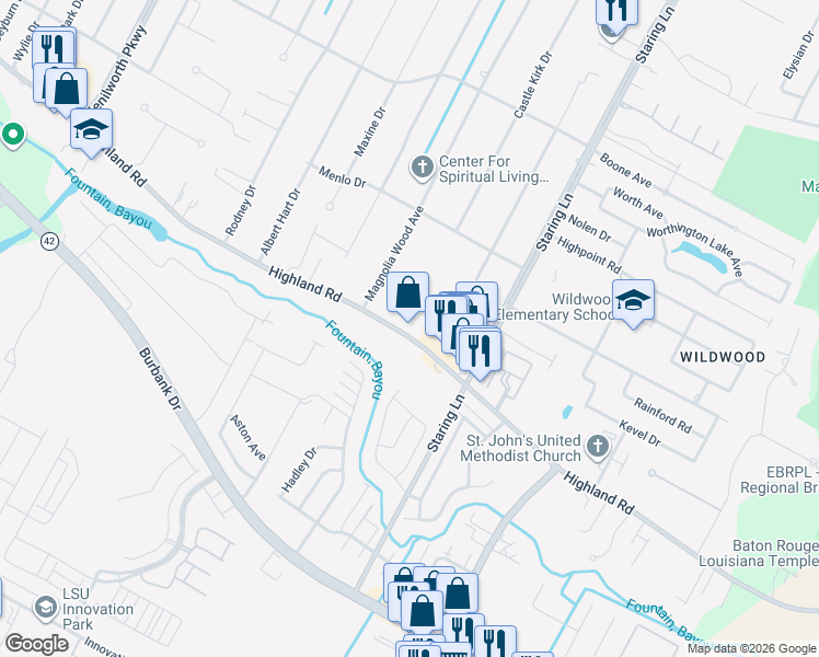 map of restaurants, bars, coffee shops, grocery stores, and more near 8501 Highland Road in Baton Rouge