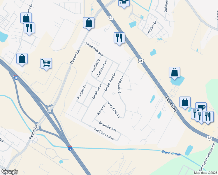 map of restaurants, bars, coffee shops, grocery stores, and more near 8727 Grand View Drive in Baton Rouge