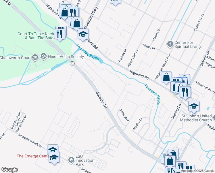 map of restaurants, bars, coffee shops, grocery stores, and more near 8244 Seville Court in Baton Rouge