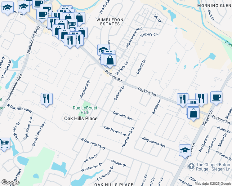 map of restaurants, bars, coffee shops, grocery stores, and more near 1723 Oakdale Drive in Baton Rouge