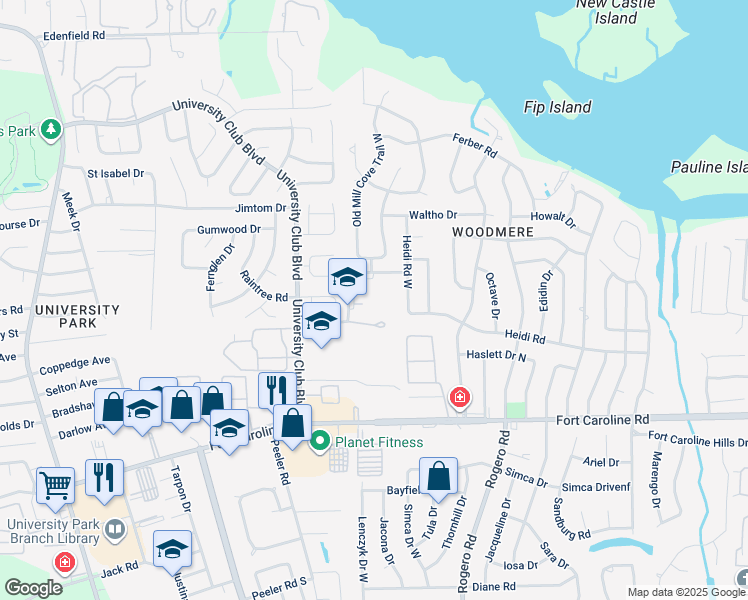 map of restaurants, bars, coffee shops, grocery stores, and more near 3925 Athore Drive in Jacksonville