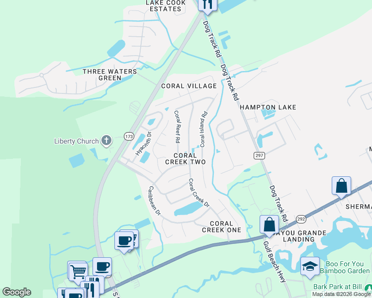 map of restaurants, bars, coffee shops, grocery stores, and more near 2107 Coral Creek Drive in Pensacola
