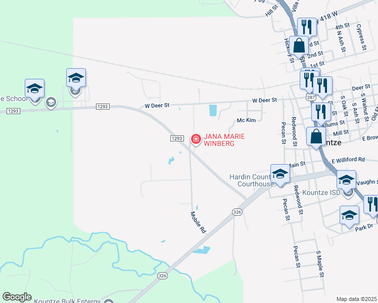 map of restaurants, bars, coffee shops, grocery stores, and more near 604 Farm to Market Road 1293 in Kountze