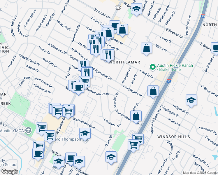 map of restaurants, bars, coffee shops, grocery stores, and more near 10436 Doc Holliday Trail in Austin
