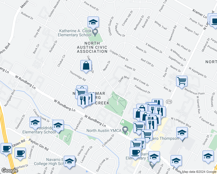 map of restaurants, bars, coffee shops, grocery stores, and more near 109 Mearns Meadow Boulevard in Austin