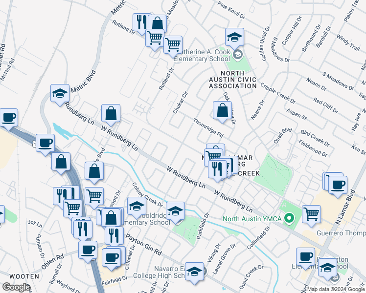 map of restaurants, bars, coffee shops, grocery stores, and more near 9412 Mountain Quail Road in Austin
