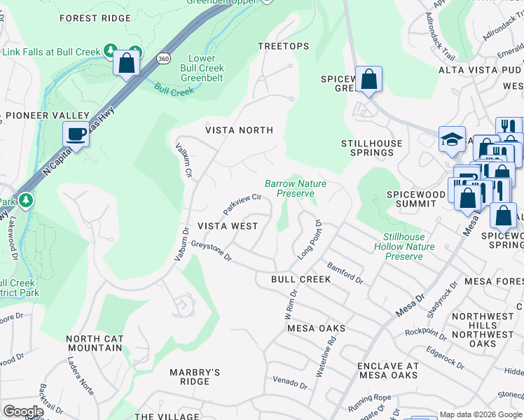 map of restaurants, bars, coffee shops, grocery stores, and more near 7601 Downridge Drive in Austin
