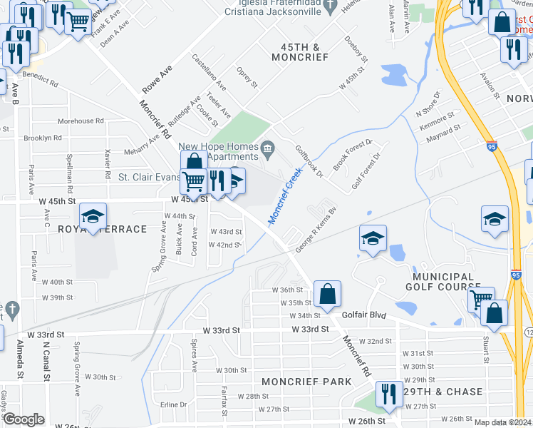 map of restaurants, bars, coffee shops, grocery stores, and more near 5377 Moncrief Road in Jacksonville